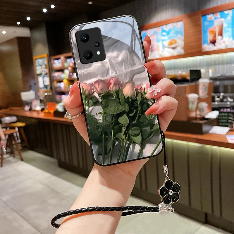 粉红花朵适用oppo真我V25手机壳realmev23保护套v20玻璃v15情侣v1