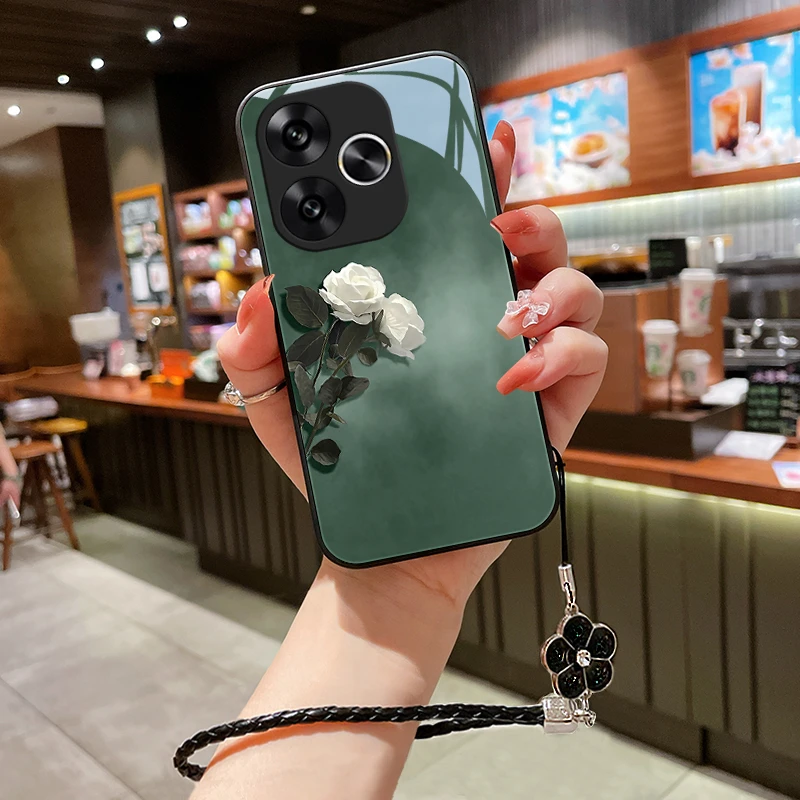 素雅花朵适用红米Turbo3手机壳新款红米Turbo3女玻璃挂绳爆款保护