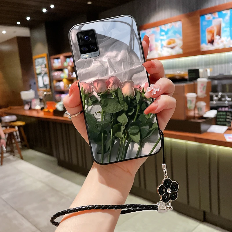 粉红花朵适用vivos7手机壳s7e玻璃s7t女款挂绳s6软边s5硅胶全包s1