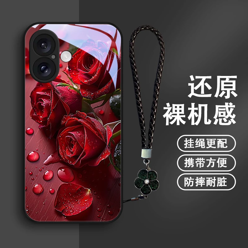 深红玫瑰适用苹果16手机壳iPhone16ProMax16Plus防摔全包玻璃优雅