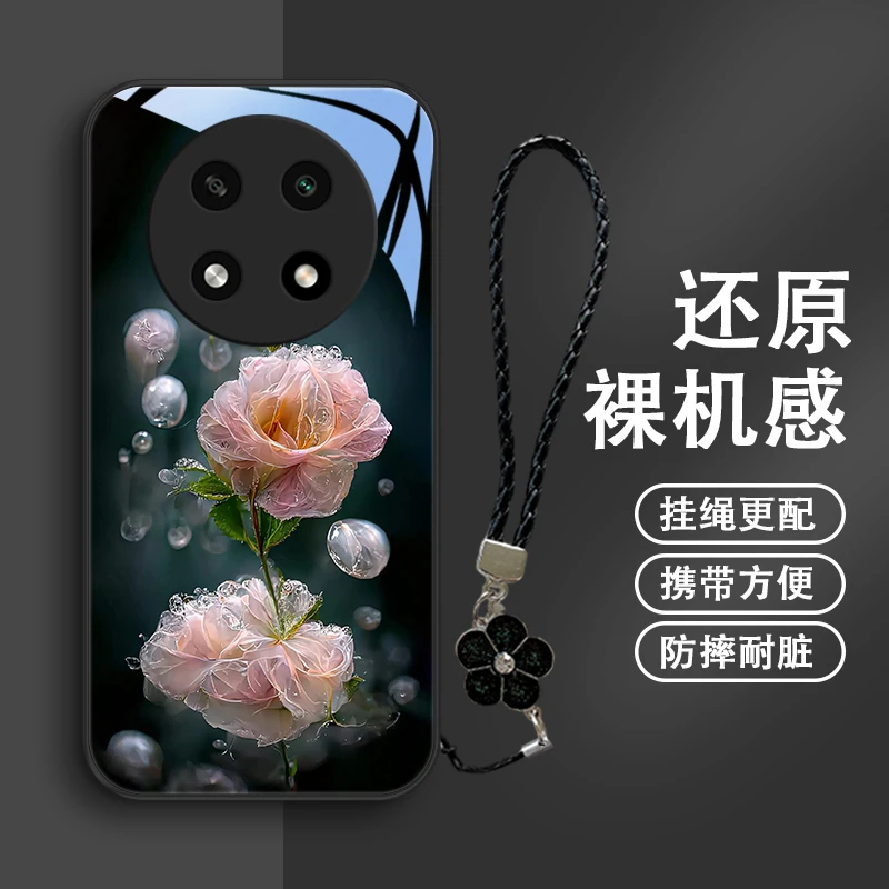 淡粉花朵适用oppoA2pro手机壳a11优雅A11s女款玻璃防摔挂绳oppoa