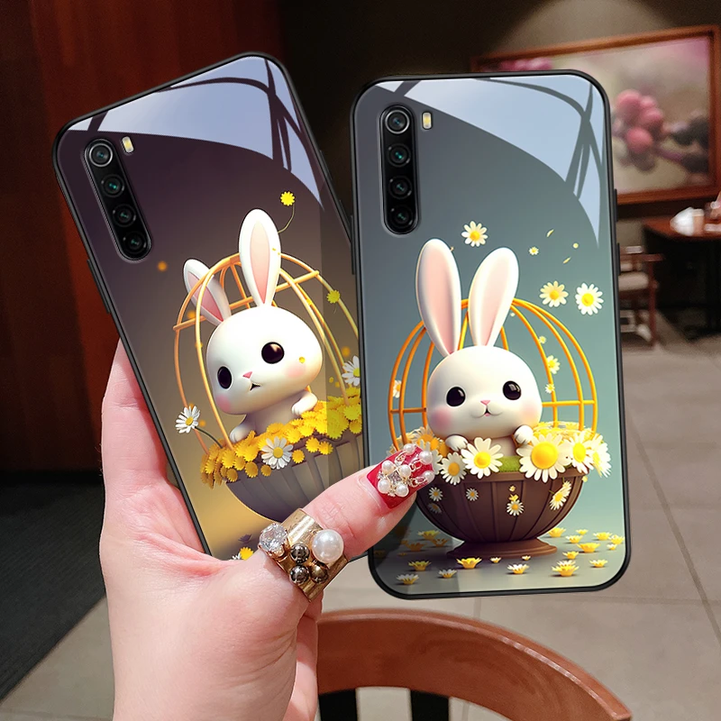 花篮萌兔适用小米红米note8pro手机壳note8女款新款note7玻璃保护
