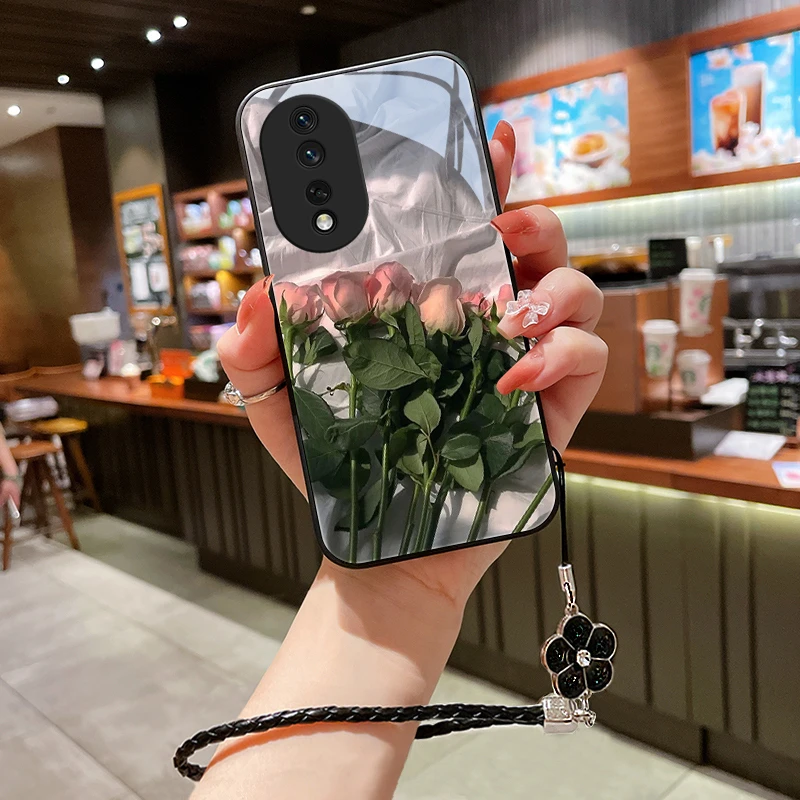 粉红花朵适用华为荣耀80pro手机壳honor80玻璃荣耀80GT女款80se挂