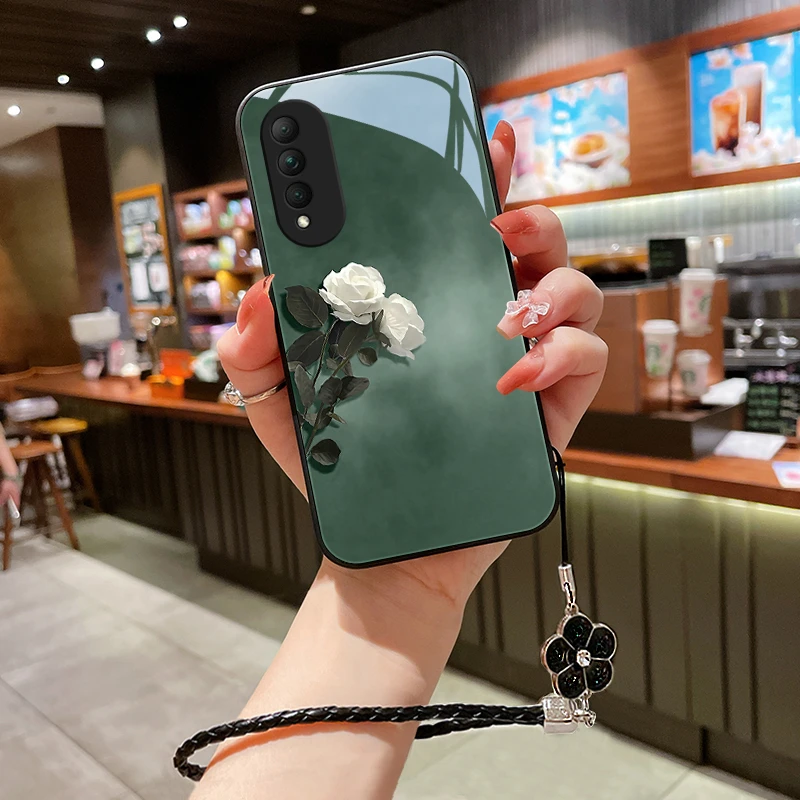 素雅花朵适用华为荣耀x20se手机壳honorx20可爱玻璃x10女款挂绳保