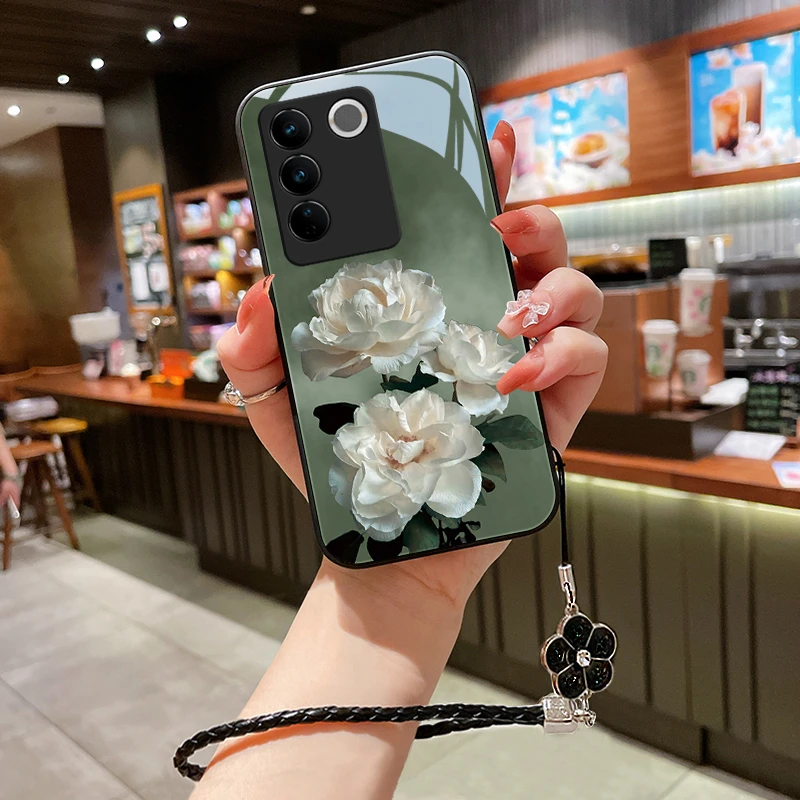 洁白花朵vivos16手机壳S16pro玻璃vivos16e女款网红挂绳防摔全包s
