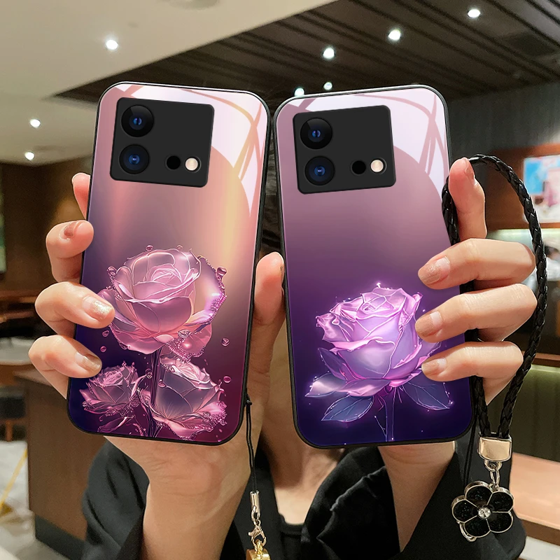 蔷薇玫瑰适用vivoiqooneo8手机壳iqooneo8pro玻璃全包镜头防摔女