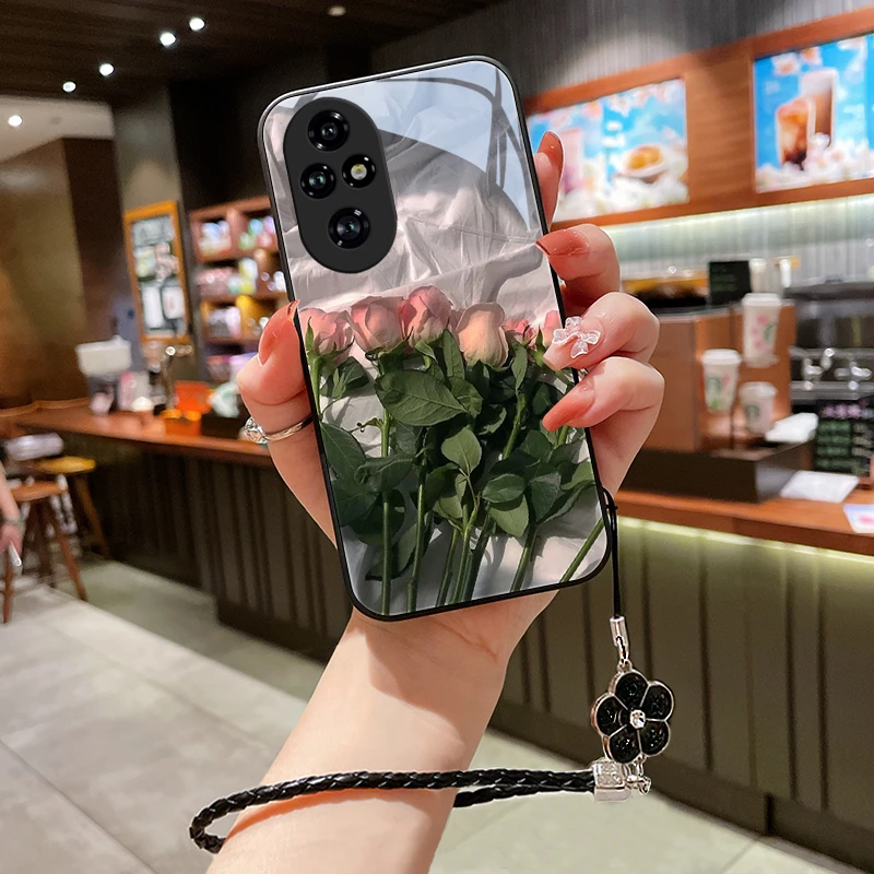 粉红花朵适用荣耀200pro手机壳新款华为荣耀200女挂绳玻璃壳壳高