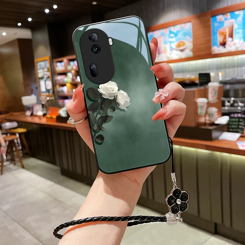 素雅花朵适用opporeno11手机壳新款Reno11pro女款玻璃挂绳爆款保