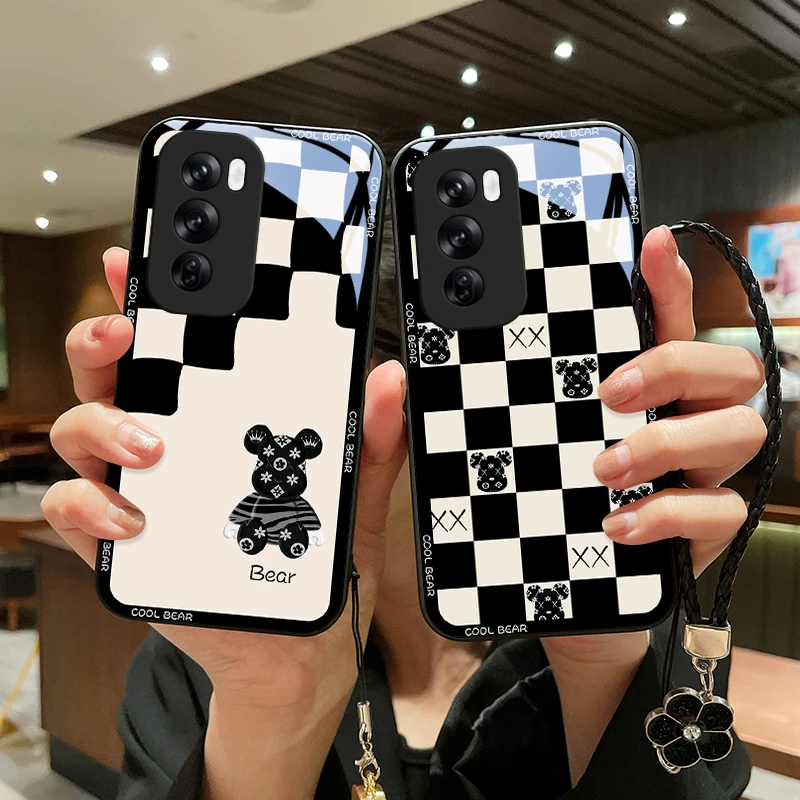 棋盘小熊适用OPPOReno12手机壳reno12pro女玻璃壳reno12pro+挂绳
