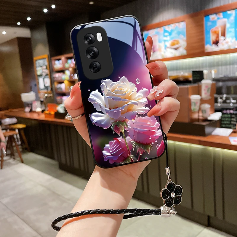 绽放玫瑰适用OPPOReno12手机壳玻璃壳reno12pro+壳女挂绳超薄硅胶