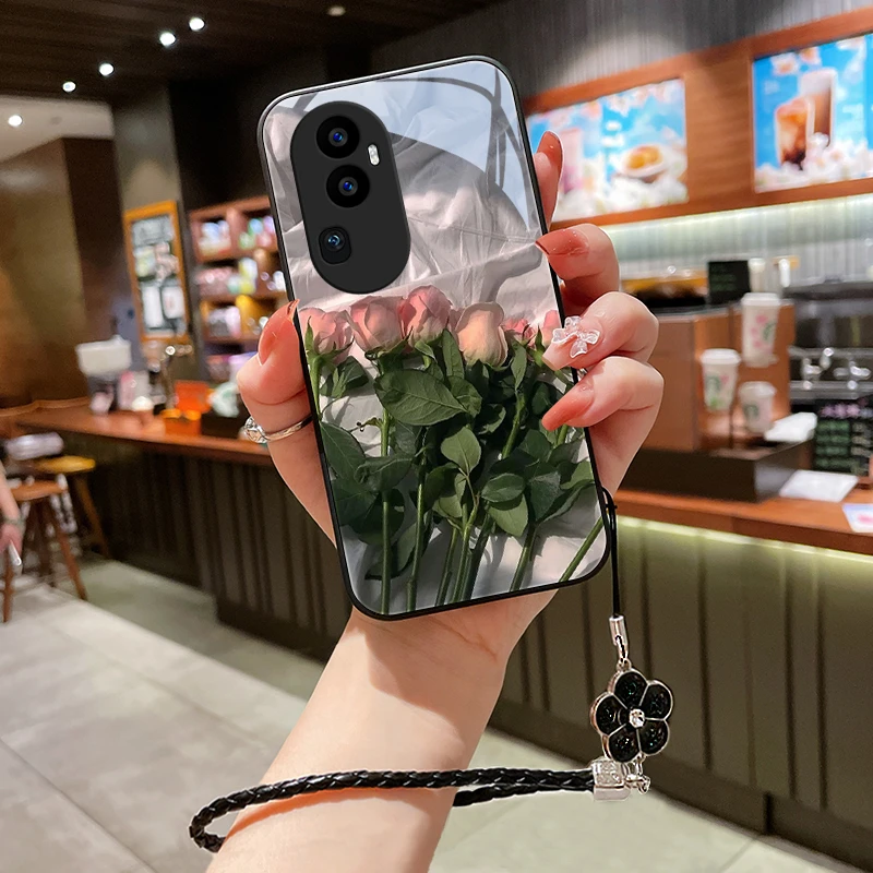粉红花朵适用opporeno10手机壳新款Reno10pro女款挂绳爆款玻璃高