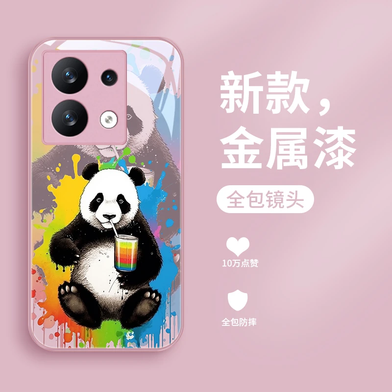 彩色熊猫适用红米note13pro手机壳note13pro+金属漆玻璃壳女款男
