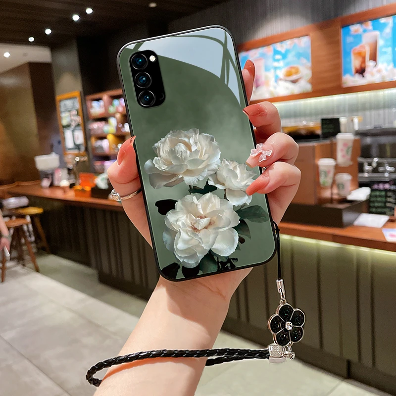 洁白花朵opporeno4手机壳Reno4pro玻璃reno4se全包防摔高级女挂绳