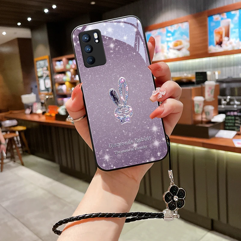 星闪小兔适用opporeno6pro手机壳Reno6玻璃女款网红挂绳reno6pro+