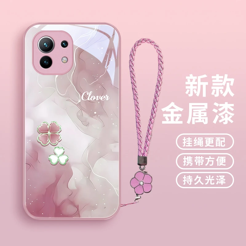 清新四叶心适用小米11手机壳Mi11pro高级玻璃小米11青春版女款潮
