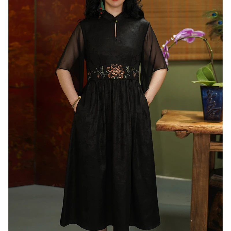 萧娘【倾轩】香云纱复古时尚中国风夏季黑色连衣裙中式桑蚕丝 080