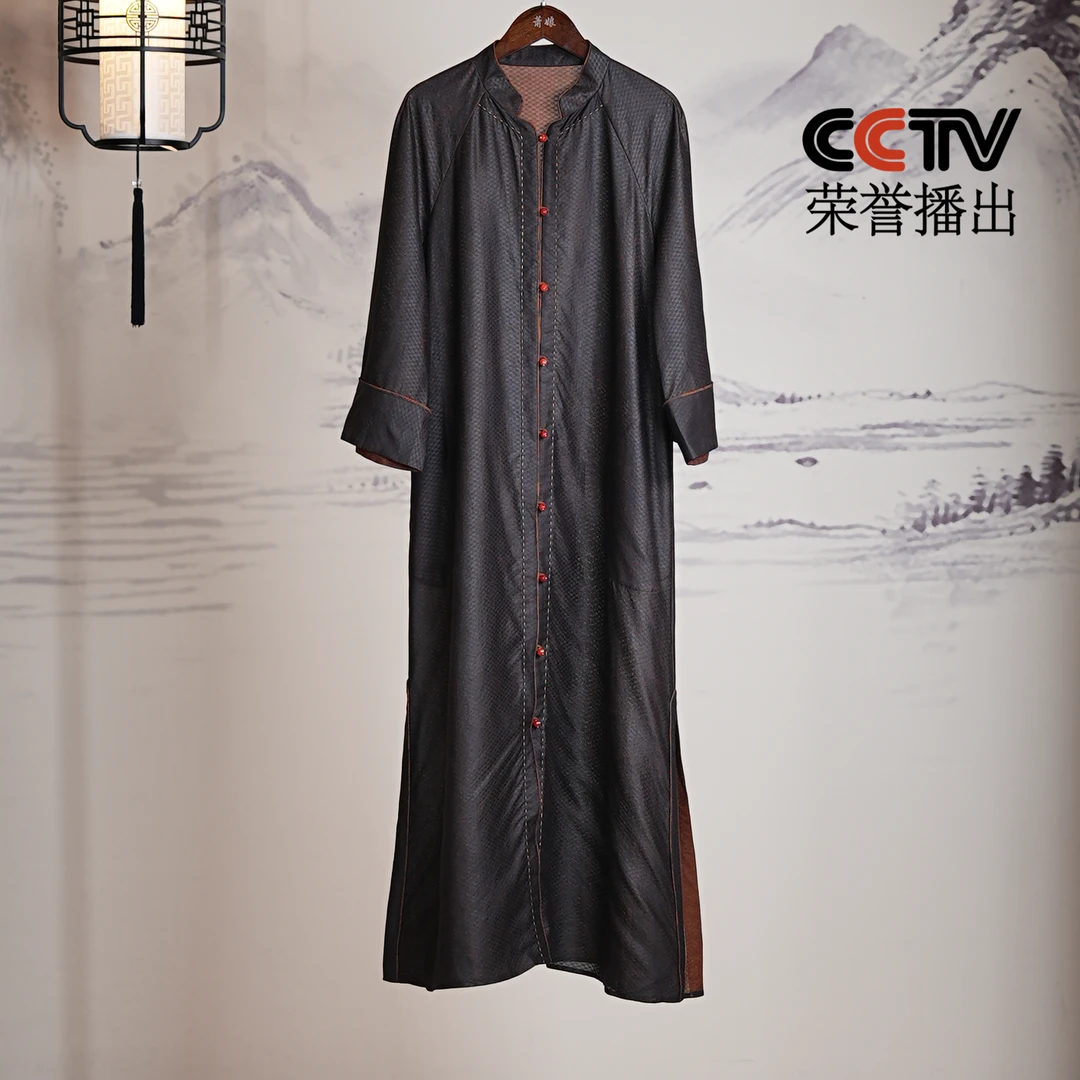 萧娘【闻雨】香云纱新中式女外套中国风复古桑蚕丝中长款风衣1335