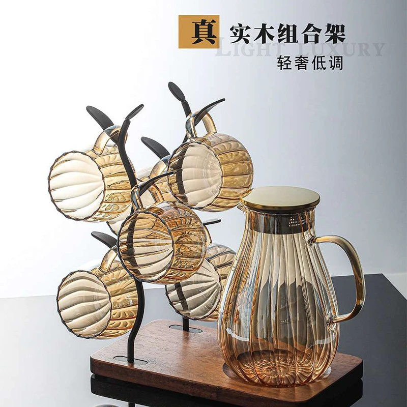 高颜值琥珀色凉水壶套装加厚高硼硅玻璃耐热竖条纹冷水壶不锈钢盖