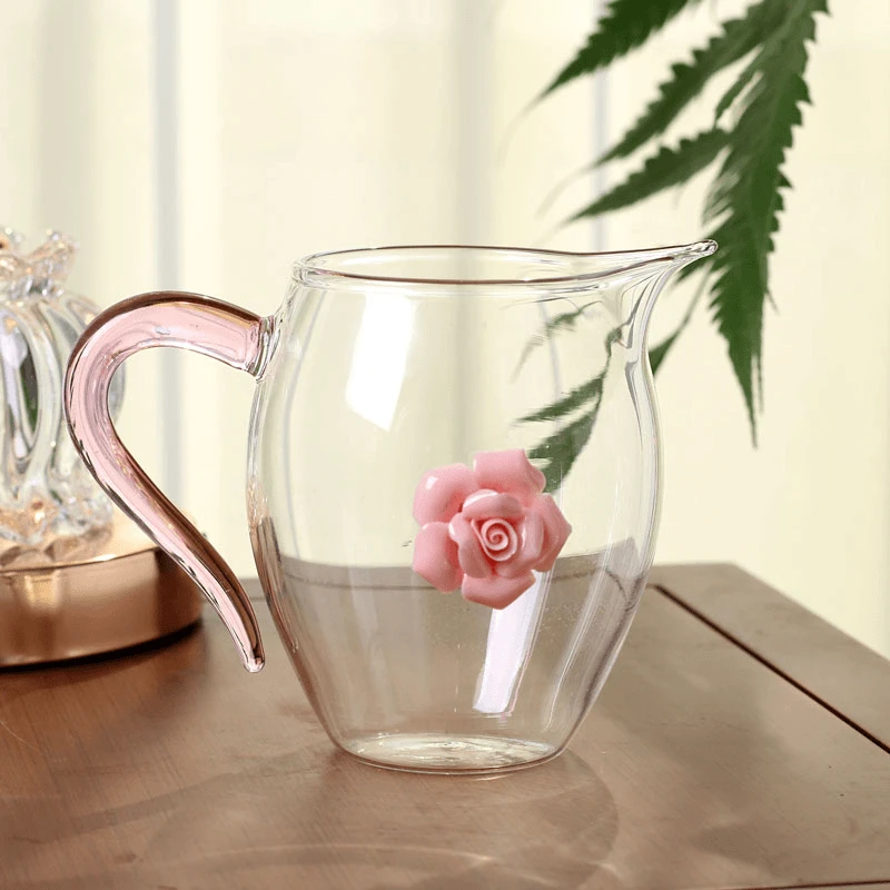 深涧耐高温粉色公道杯高端茶具把手高档手工捏粉玫瑰高硼硅玻璃