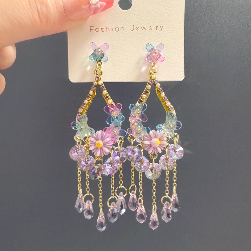 铜合金树脂耳饰 仙气流苏古风花朵长款手工百搭气质复古轻奢耳环