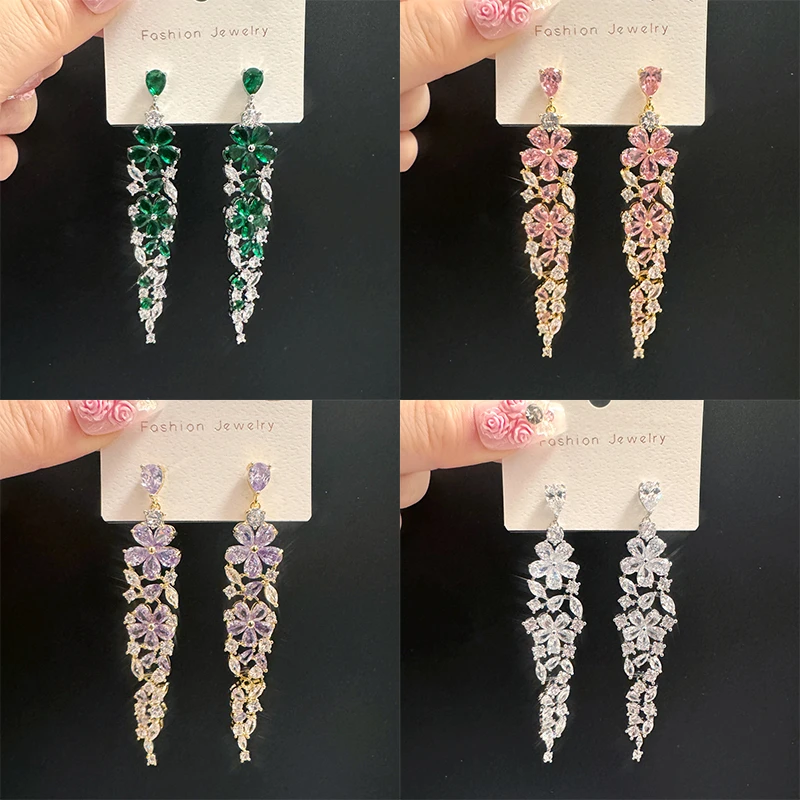 铜合金合成锆石耳饰 重工轻奢花团锦簇水晶长款气质复古超闪耳环