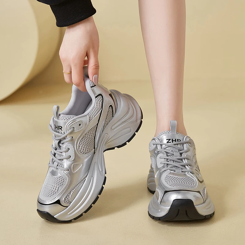 ZHR/JT07E银色老爹鞋女2024夏季春季透气运动鞋休闲厚底增高女鞋
