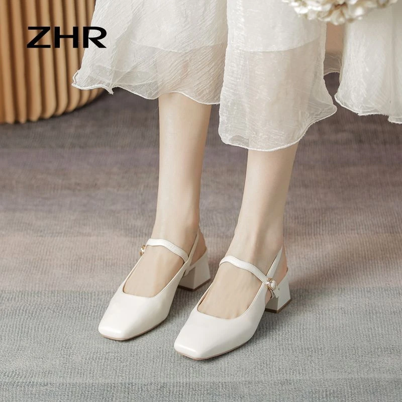 ZHR包头粗跟单凉鞋女2023新款夏季法式复古玛丽珍小皮鞋韩版百搭