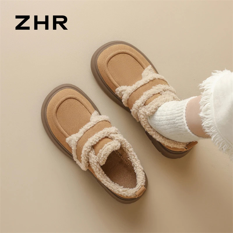 ZHR加绒复古勃肯鞋女2025冬季新款厚底乐福鞋保暖雪地靴棉鞋CG93B