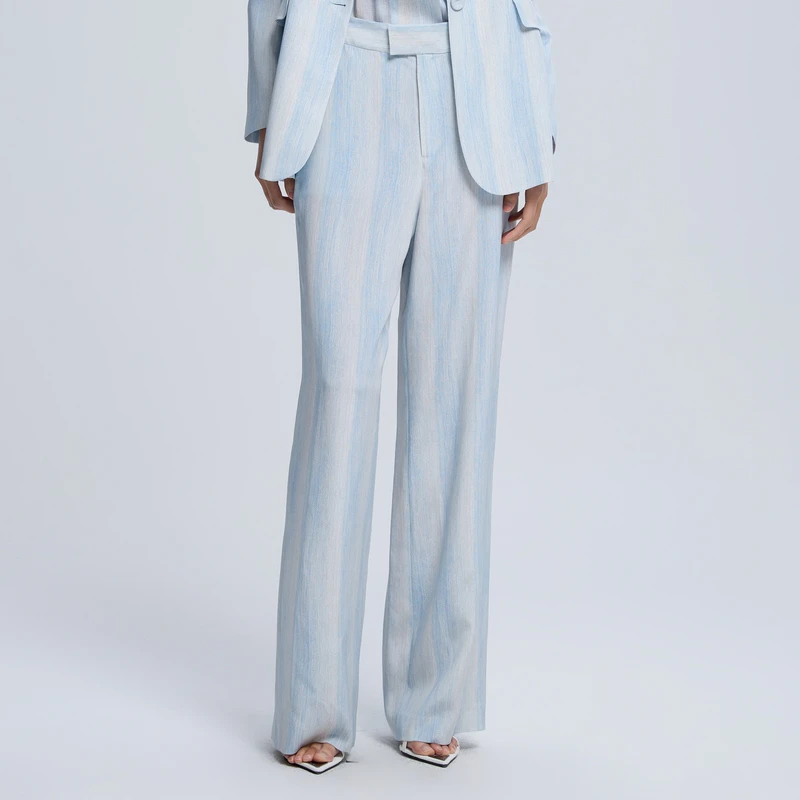 G·JAMEI2024夏季设计感长裤条纹阔腿休闲裤DHBK6119蓝色高腰直筒
