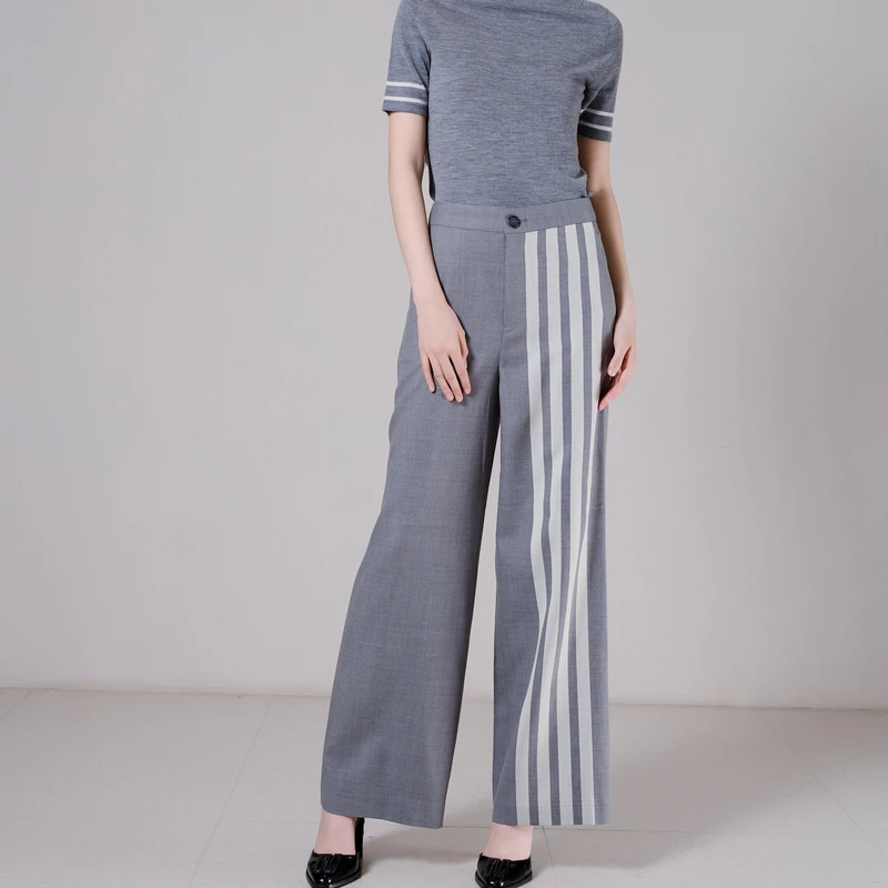 G·JAMEI 2024春季新款女士时尚条纹休闲裤DHBK6110高腰直筒宽松