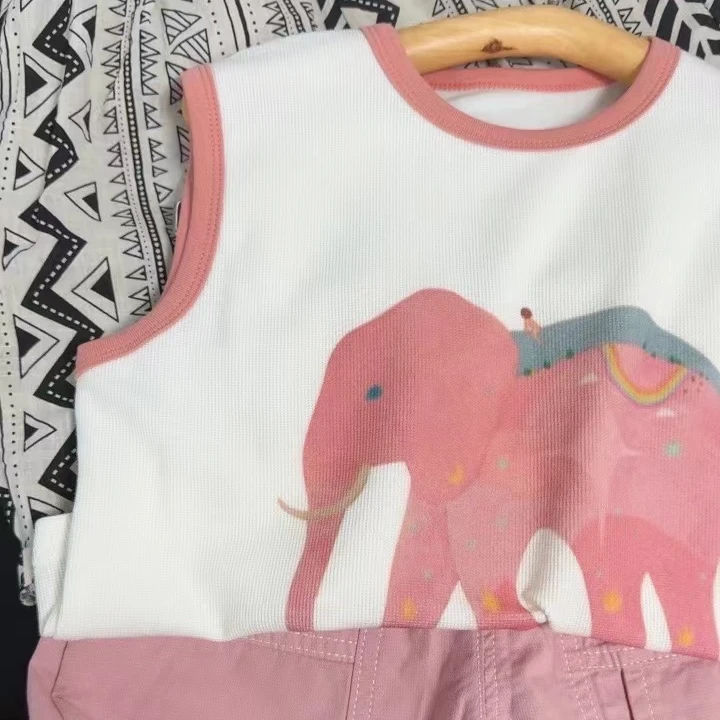 现货 儿童夏季套装大象短袖粉色男女宝宝背心短裤两件套