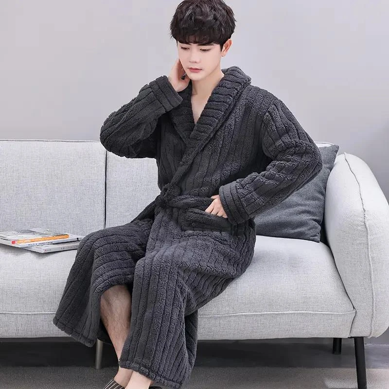珊瑚绒睡袍男秋冬季睡裙长款加绒加厚法兰绒浴袍大码简约睡衣外套
