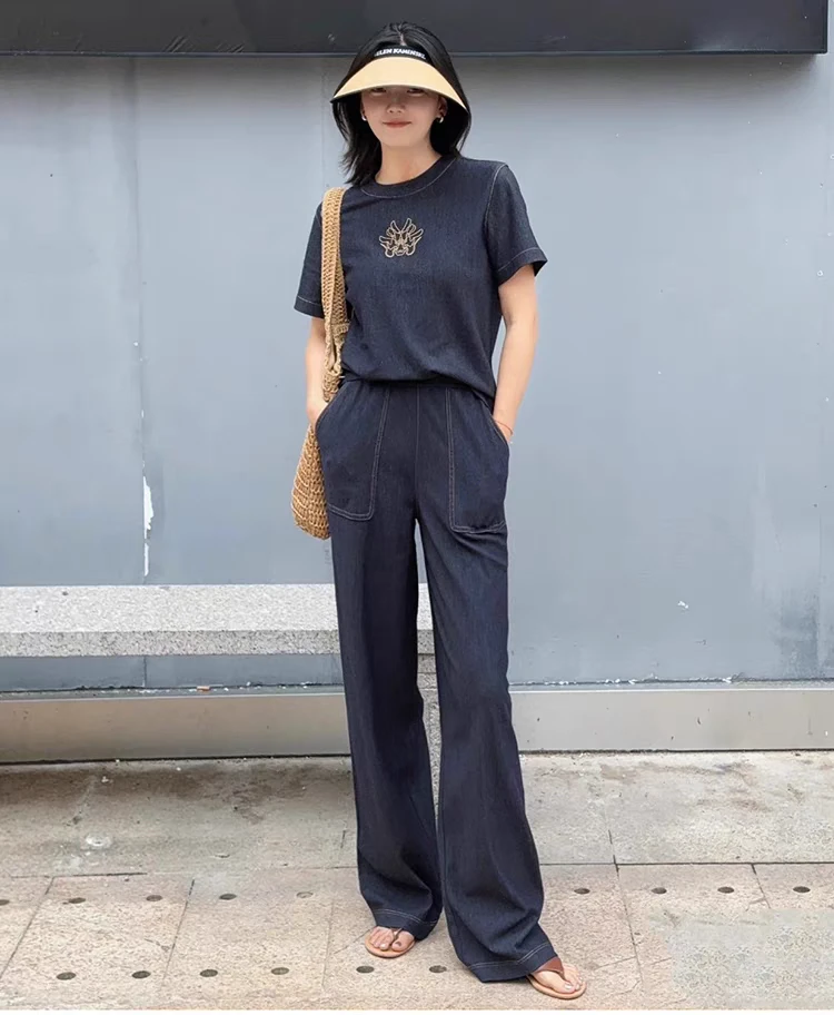 哥家2024新款两色抽绳松紧腰高腰显瘦直筒裤微瑕