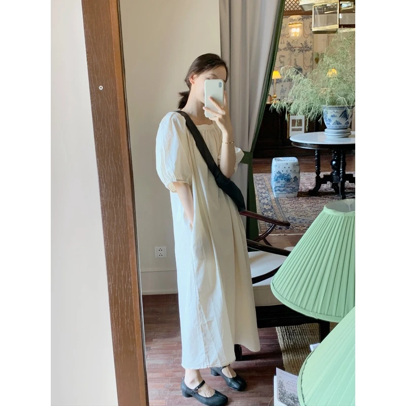 freshtaro 亚麻米 方领宽松遮肉短袖连衣裙