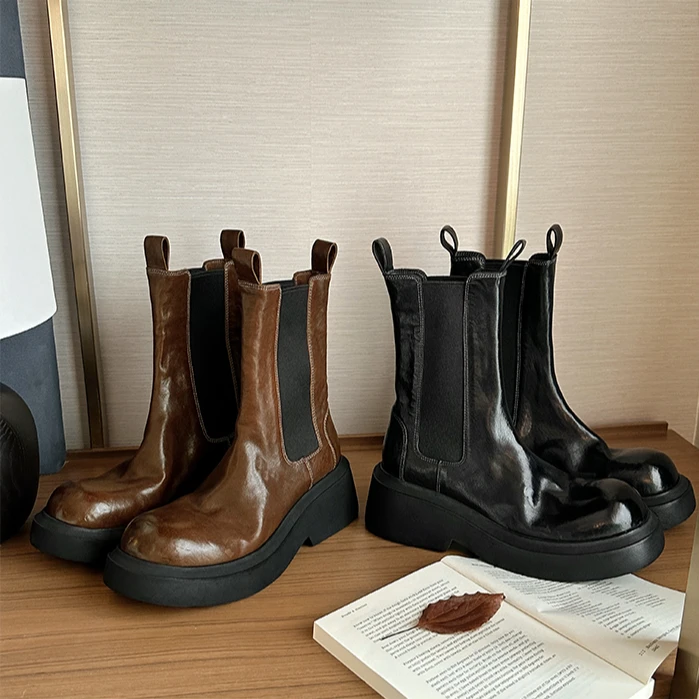 【牛皮版】复古厚底英伦风切尔西靴女短靴真皮褶皱烟筒靴中筒马丁靴