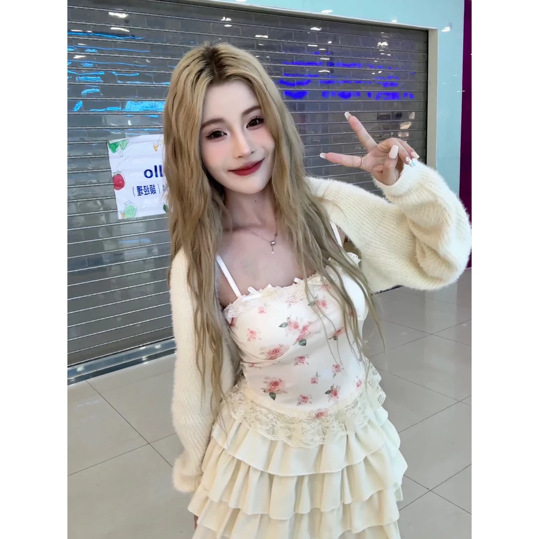 纯欲玫瑰印花裙三件套针织