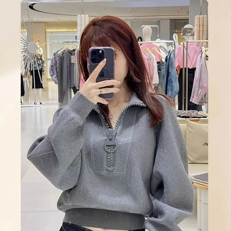 今年流行大拉链立领卫衣女秋冬新款高级感超好看宽松显瘦短款上衣