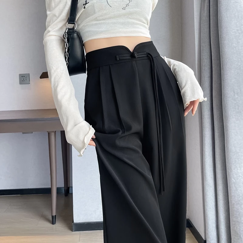 黑色窄版阔腿裤女春秋季2025新款高级感垂感小个子休闲直筒西装裤