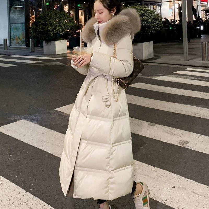 真狐狸毛领羽绒服女2023年爆款新款收腰显瘦中长款过膝白鸭