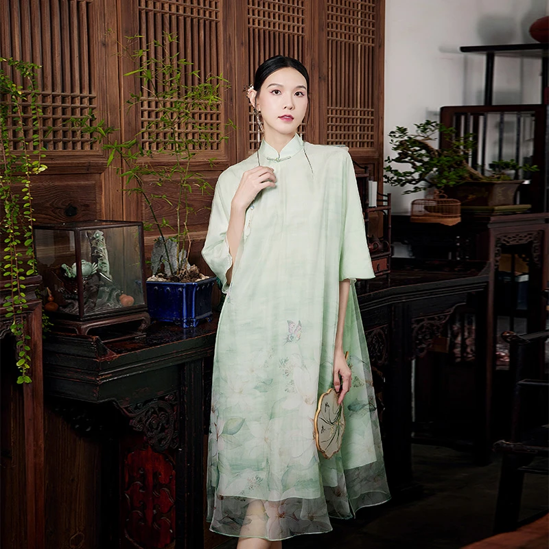 陌遇丨碧落丨中国风100%桑蚕丝印花旗袍裙新中式连衣裙M236737