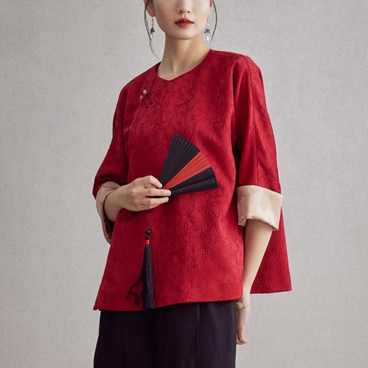 中国风国潮复古改良提花茶服中式日常唐装中国风红色上衣M236513