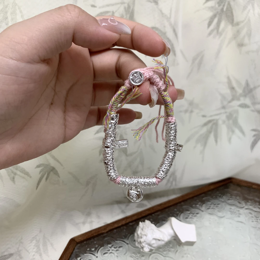 足银银制品 W粉色碎银子健康平安粉盘缠手串新中式女粉手链P003