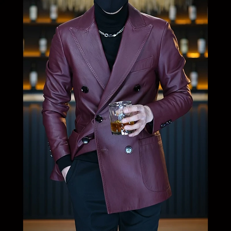 2024新款 高定牙签纹绵羊皮 男士真皮西服修身双排扣西装皮衣