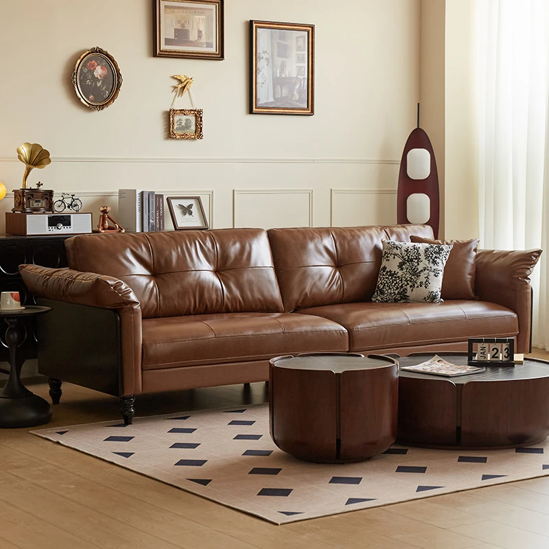 法式实木沙发美式复古皮质小户型棕色油蜡科技皮艺直排沙发轻奢