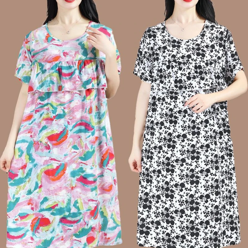 防凸点棉绸睡裙女夏薄款短袖睡衣裙子夏季女款宽松家居服大码女装