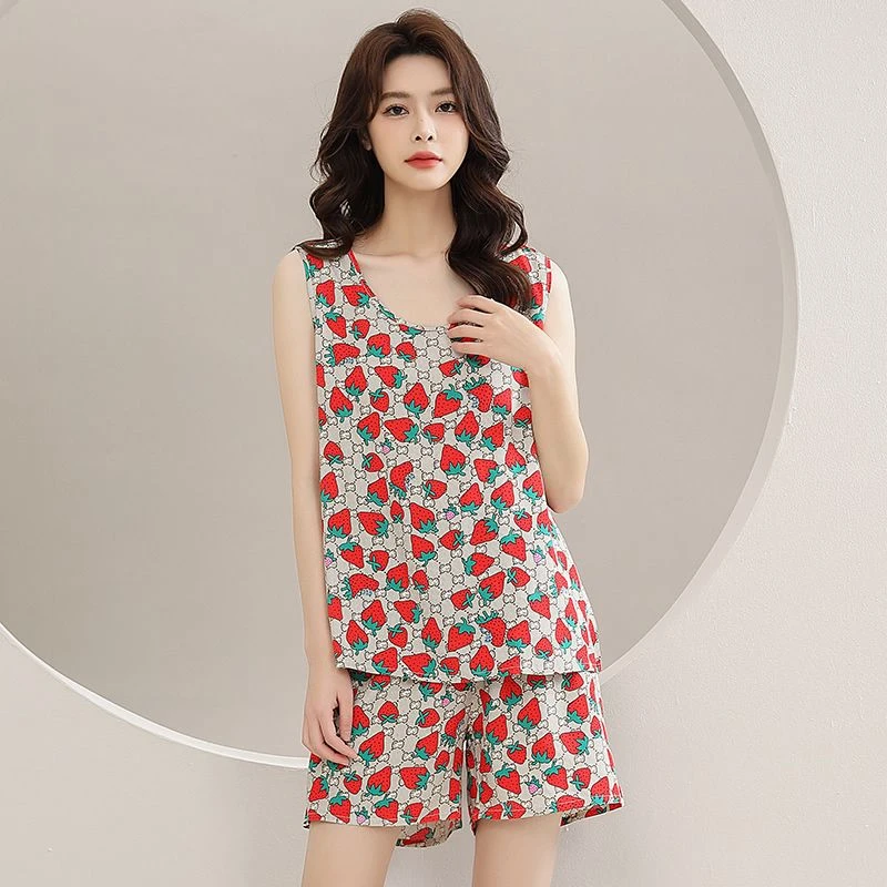 夏季女士可爱卡通纯绵绸套装睡衣无袖短裤薄款人造棉韩版家居服