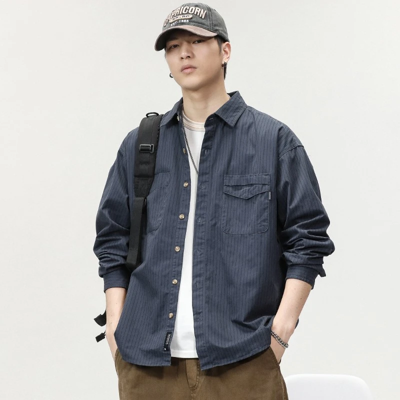 啄木鸟高端休闲衬衫男士外套秋季商务帅气条纹宽松工装长袖衬衣男