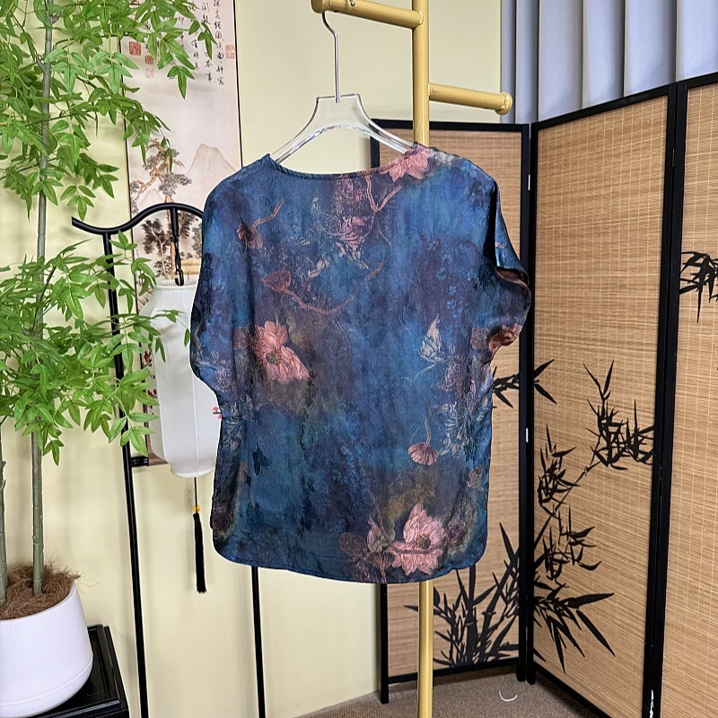 【寻荷】新中式香云纱短袖时尚衬衫花萝提花百搭复古重磅宽松圆领