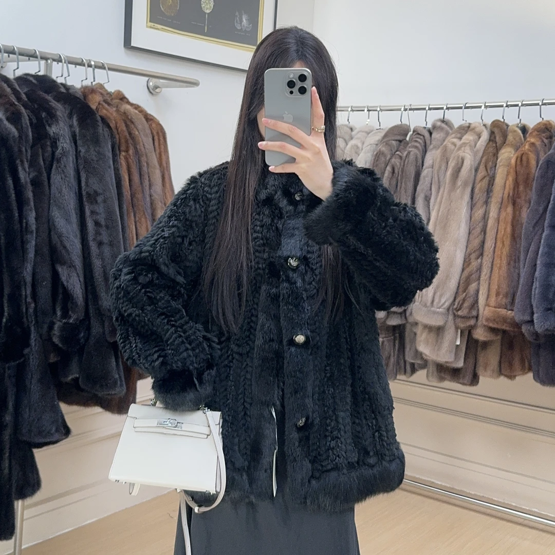 G01碳黑色一排扣编织款显瘦秋冬厚外套时尚洋气宽松