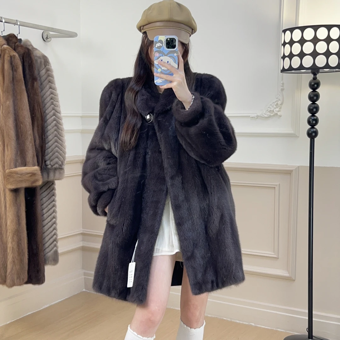 L72雾霾蓝毛绒绒厚实泡泡袖秋冬厚外套时尚洋气宽松